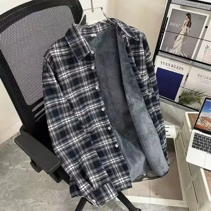 The Alcor Fleece-Lined Plaid Shirt - Navy Plaid with Grey Fleece Lining