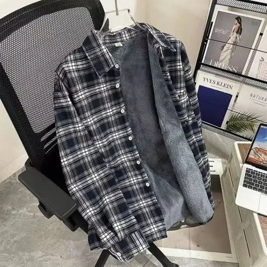 The Alcor Fleece-Lined Plaid Shirt - Navy Plaid with Grey Fleece Lining